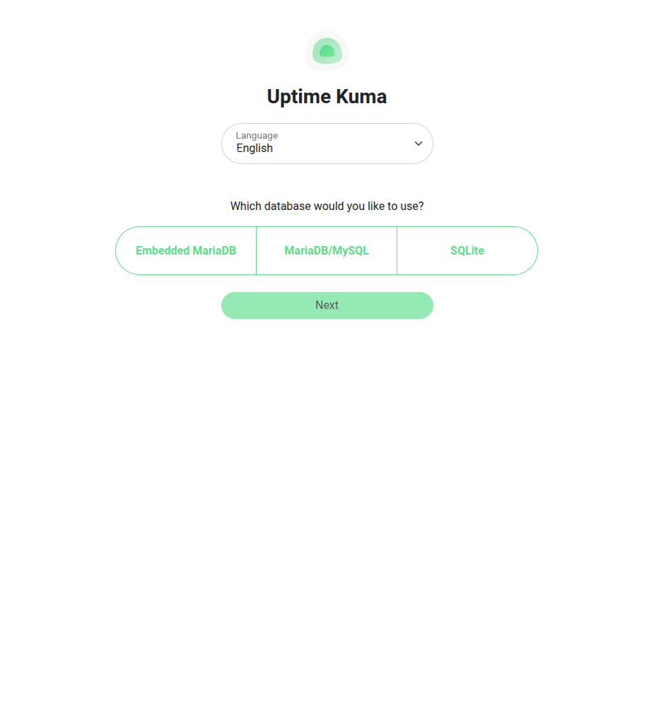 Uptime Kuma database setup screen offering Embedded MariaDB, external MariaDB/MySQL, and SQLite