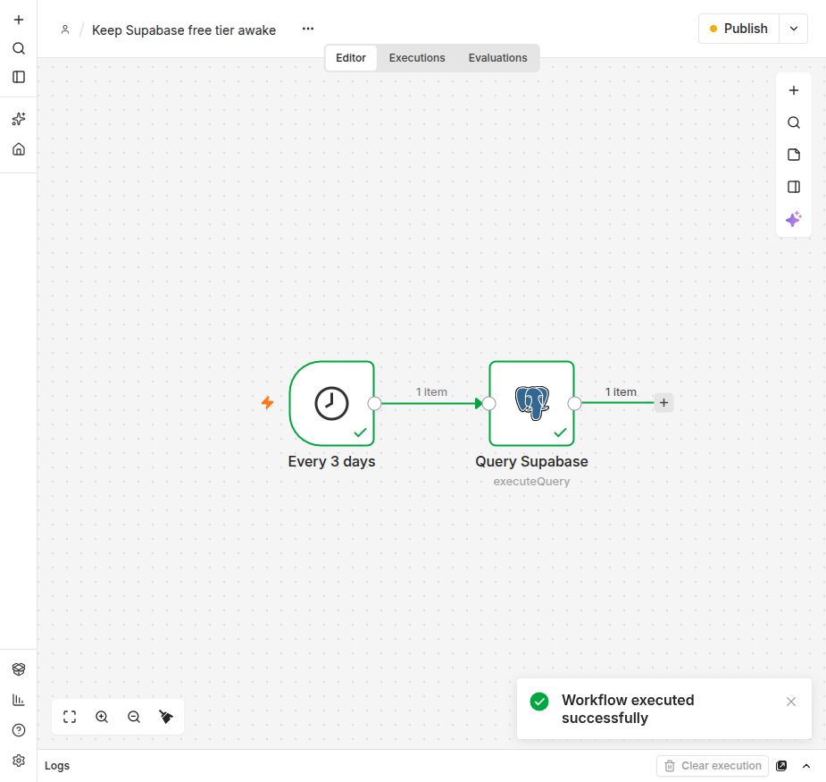 n8n workflow with schedule trigger connected to a Postgres query node, executed successfully