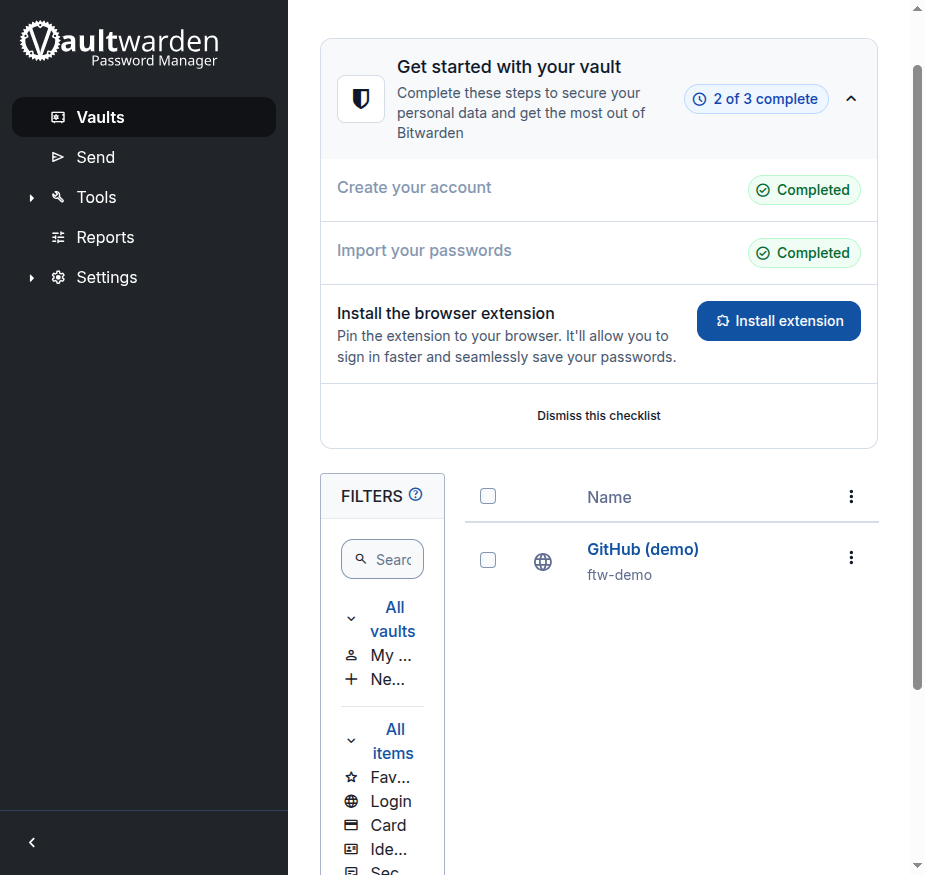 Vaultwarden web vault with a saved login item